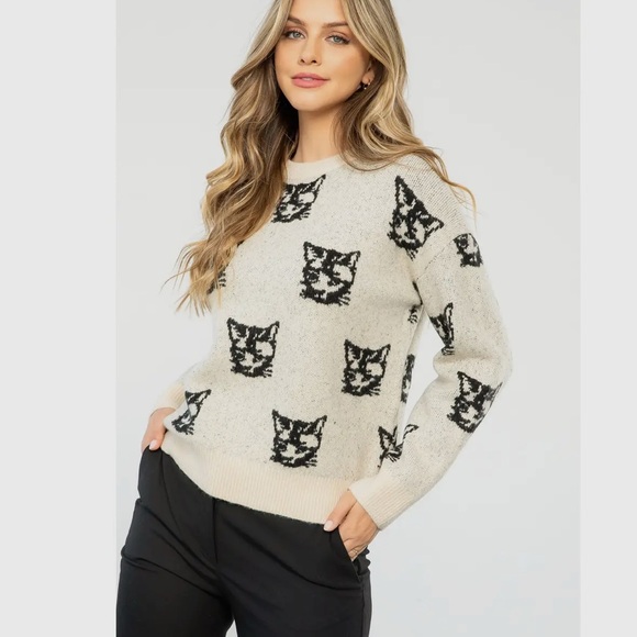 THML Sweaters - THML, Cream Cat Pattern Knit Sweater, Size s m l | TMK1681
